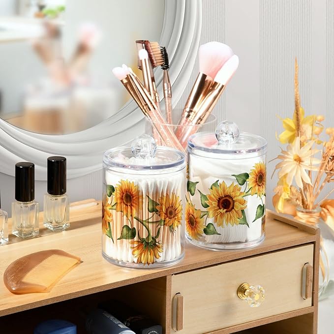 2 Pack Qtip Holder Dispenser for Cotton Ball Sunflower Wreath Cotton Swab Round Pads Clear Plastic Acrylic Jar Set Bathroom Canister