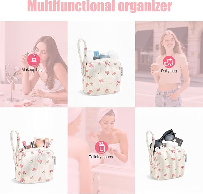 Chicarries Small Makeup Bag | Discreet Period Bag Pad Pouch for Purse| Sanitary Napkin Storage & Tampon Holder for Travel Wallets and Handbags(Flower bow beige)