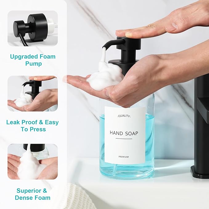 RACOBOT Foaming Hand Soap Dispenser, 14.1 oz/400ml Foaming Soap Dispenser, 2 Pack Glass Foaming Dispenser for Bathroom & Kitchen, Clear Refillable Liquid Dispenser Bottle with Waterproof Labels