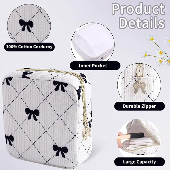 Teircno Period Bag for Women - Cute Corduroy Sanitary Napkin Storage Bag with Bow Design | Period Pouch for Daily Use, Travel | Discreet Menstrual Pouch | Pad Bags for Period Holds Pads, Tampons