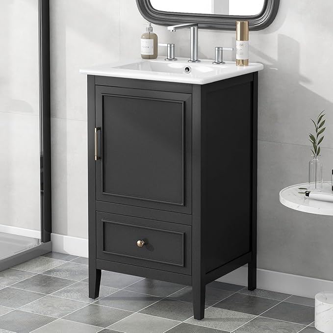 Bellemave 20-inch Bathroom Vanity with Ceramic Sink Combo Set, Solid Wood Frame Bathroom Storage Cabinet with Drawer and Soft Closing Cabinet Door with Storage Rack, Black