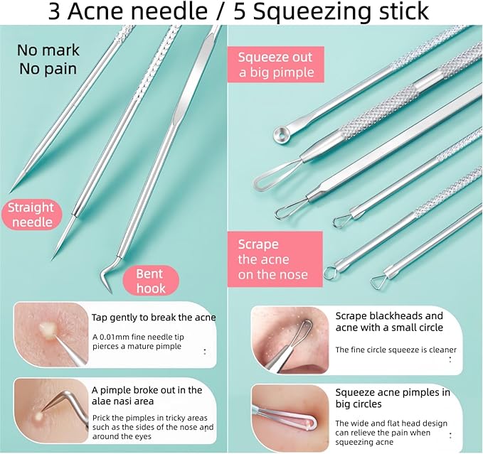 7 Pcs Blackhead Remover Comedone Extractor, Acne Removal Kit, Manual Pimple Popper Tool for Quick and Easy Removal of Pimples, Blackheads on Forehead, Facial and Nose (7 Pack)