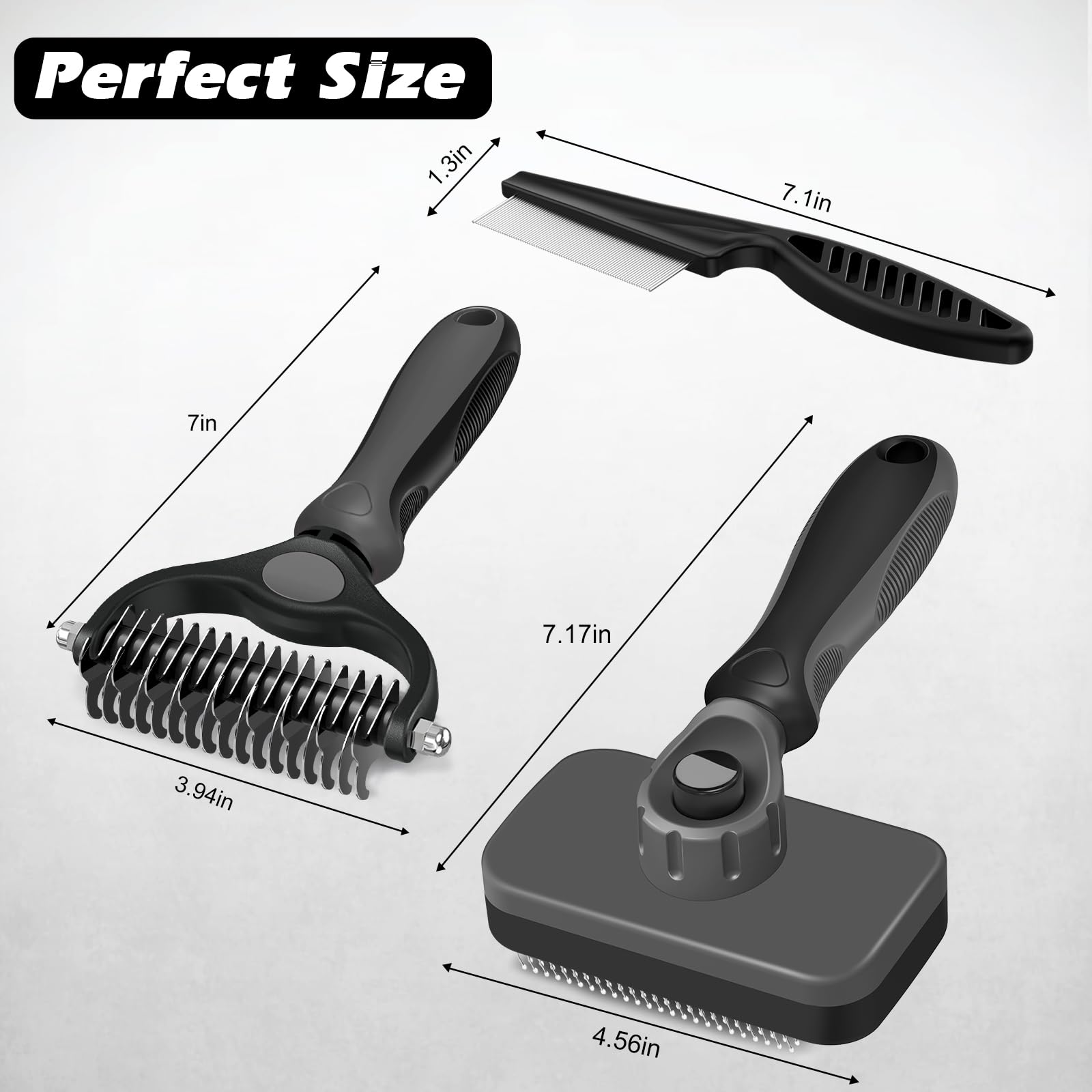 Professional 3PCS Self Cleaning Slicker Brush & Pet Grooming Rake & Flea Comb for Dogs,Cats and Horses | Double-Sided Dematting Comb & Skin Friendly Deshedding Grooming Tool | Pet Supplies (Grey)