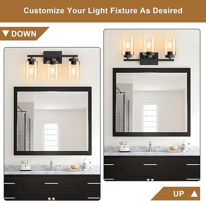 IZORRO Modern Bathroom Light Fixtures, 3 Light Black Vanity Lights, Bathroom Lighting Fixtures Over Mirror with Clear Glass for Living Room Cabinet Bedroom