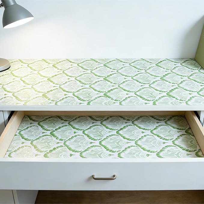 Shelf and Drawer Liner, 12in x 10FT Double Layer PVC Non-Adhesive Non-Slip Waterproof, Green Leaf for Kitchen Cabinets, Pantry, Bathroom, Dresser with Knife and Tape Measure