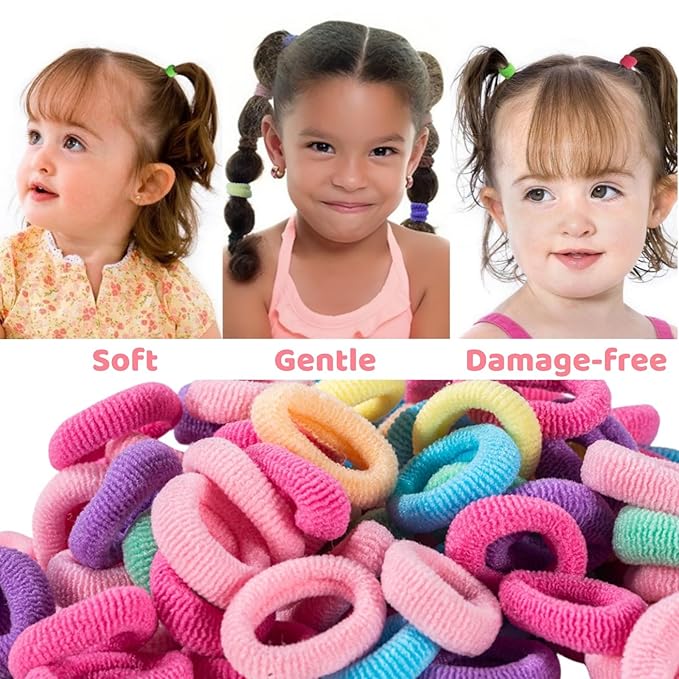 Tunbao 100 Psc Baby Hair Ties,Soft Cotton Toddler Hair Ties,Small Seamless Hair Bands for Girls and Kids,Multicolor Hair Elastics Ponytail Holders