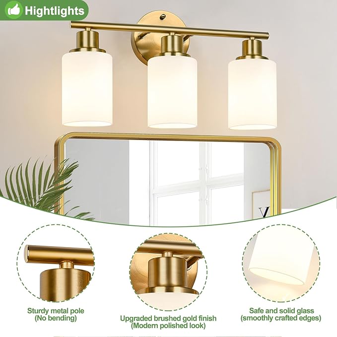 Zarbitta 3-Light Bathroom Light Fixtures, Brushed Gold Vanity Light, Farmhouse Wall Lights with Milky White Frosted Glass Shades, Bathroom Wall Lamp for Mirror Kitchen Bedroom Hallway Living Room