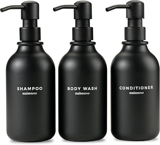 Shampoo and Conditioner Bottles Set of 3 Black – Shower Shampoo Dispenser – Hotel Style Bathroom Upgrade by MaisoNovo