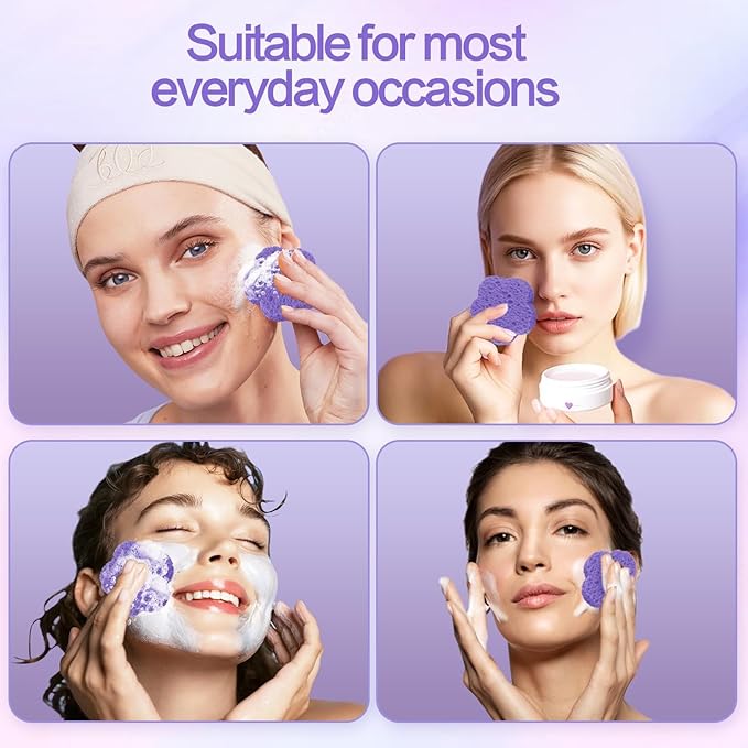 Spunspon 50-Count Facial Sponges, Natural, Modern Flower Shape, Purple, Reusable, Exfoliating, Cleansing, Makeup Gift