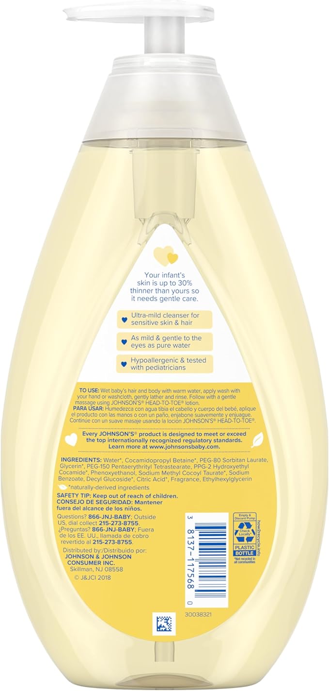 Johnson's Head-to-Toe Gentle Tear-Free Baby & Newborn Wash & Shampoo, Sulfate-, Paraben- Phthalate- & Dye-Free, Hypoallergenic Wash for Sensitive Skin & Hair, 27.1 fl. Oz (Pack of 2)