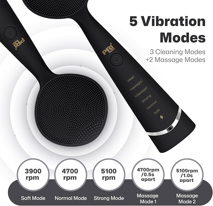 PRITECH Facial Cleansing Brush with Vibrating, Rechargeable Silicone Face Scrubber for Deep Pore Cleaning, Exfoliator & Waterproof Face Brush with Heat End for for Women and Men (Black)