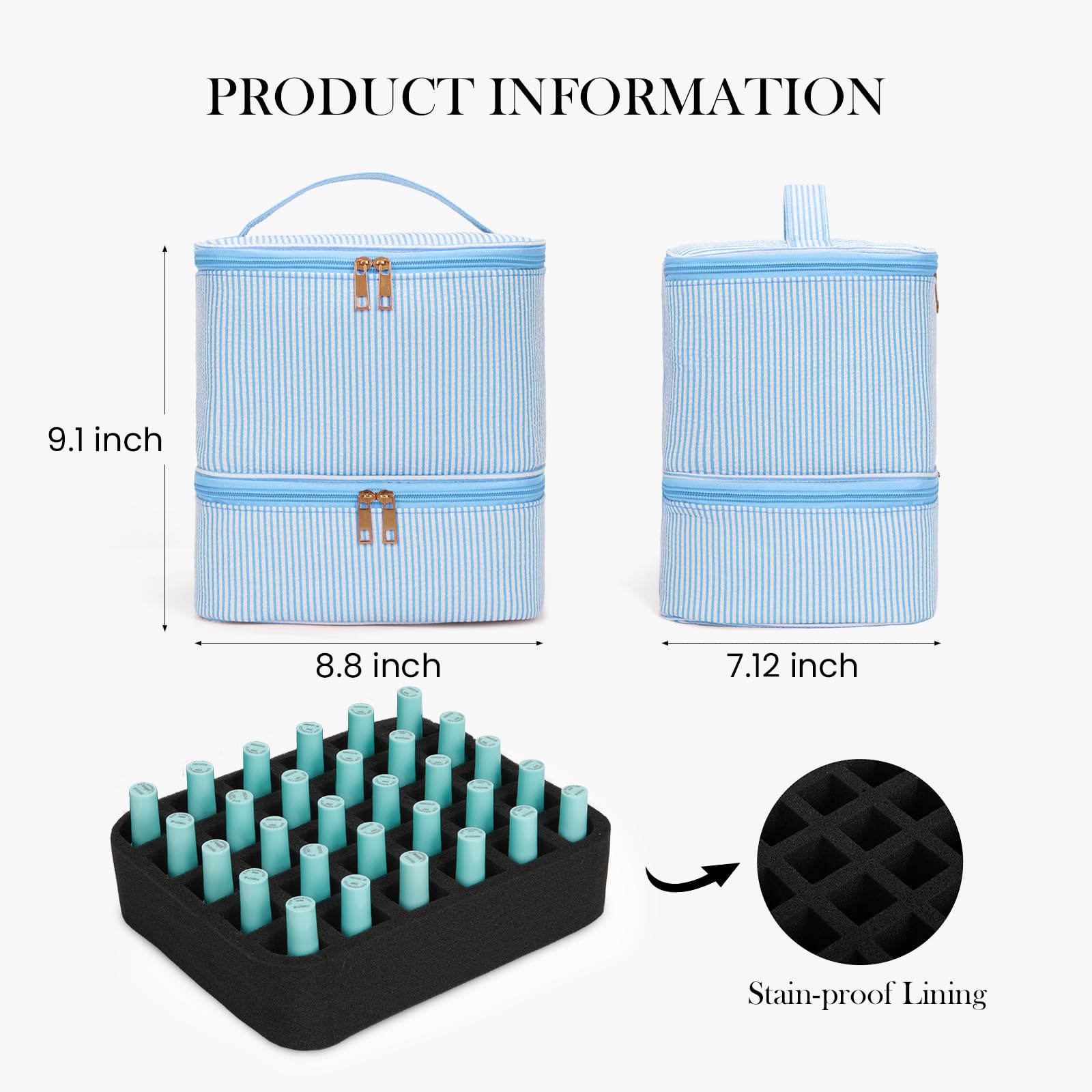 hibear Nail Supplies Organizer Nail Polish Storage Holds 30 BottlesNail Polish Storage Holds 30 Bottles Nail Kit Case Makeup Bag Vanity Case for Women (Striped blue)