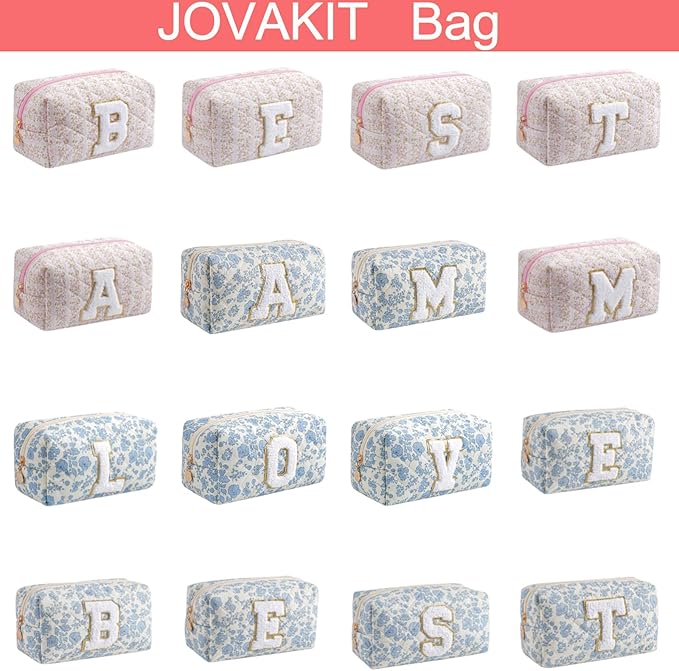 JOVAKIT Alphabet Makeup Bag Cosmetic Bag for Women, Christmas Gifts for Girls Age 6-18, Floral Flowers Coquette Travel Toiletry Zipper Make Up Pouch Organizer Trendy Stuff (Pink Floral T)