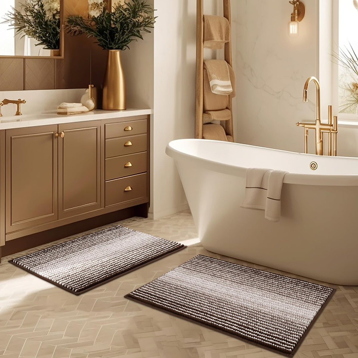BSICPRO Fall Bathroom Rugs Sets 2 Piece, Non Slip Bath Mats, Sunset Orange