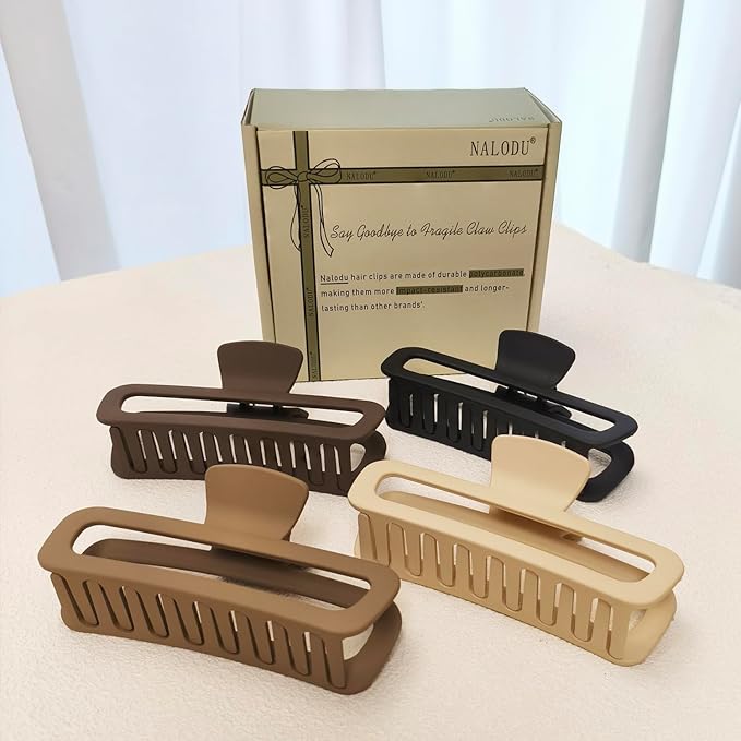 Nalodu 5 Inch Large Hair Claw Clips, No Slip Matte Square XL Hair Clips for Thick Long Curly Hair, Women's Big Rectangle Strong Clips, 4 Pack
