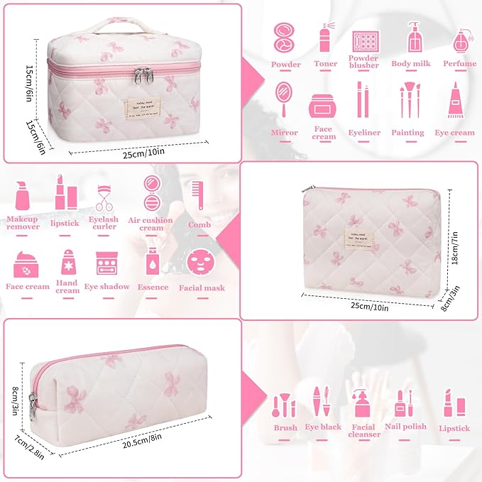 Gosect 3PC Makeup Bag Set, Quilted Makeup Bag Set, Large Floral Cosmetic Bag for Women, Cute Cotton Makeup Bags, Flower Travel Toiletry Organizer Bag (White Pink Bow Tie)