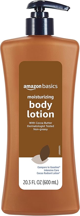 Amazon Basics Moisturizing Cocoa Butter Body Lotion for Dry Skin, Non-Greasy, Paraben Free, Lightly Scented, 20.3 Fl Oz, 4-Pack