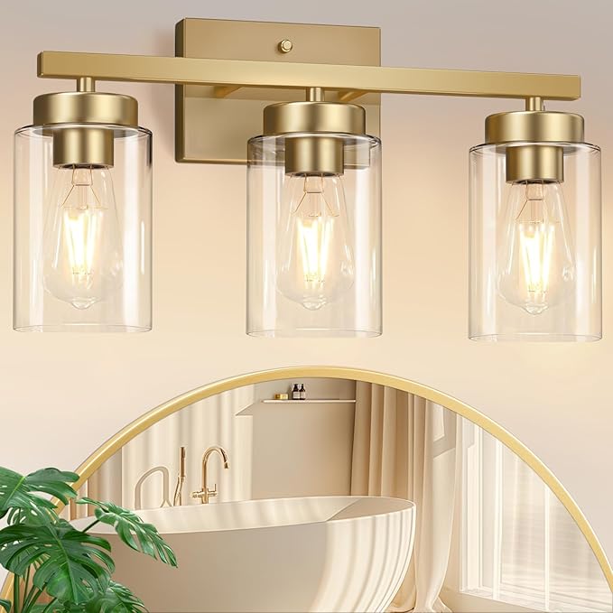 IZORRO Modern Bathroom Light Fixtures, 3 Light Brushed Gold Vanity Lights, Bathroom Lighting Fixtures Over Mirror with Clear Glass for Living Room Cabinet Bedroom