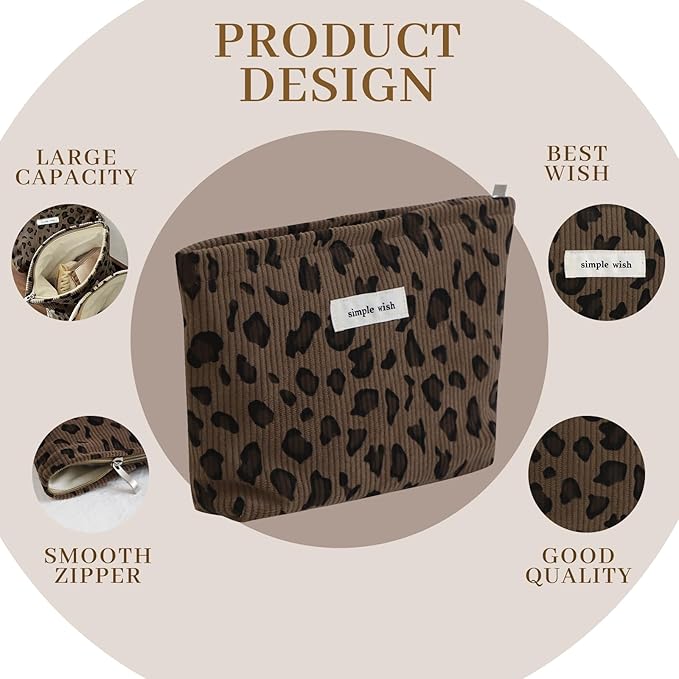 Wudygirl Makeup Bag Travel Cosmetic Bag for Women Small Makeup Pouch with Handle Zipper Cosmetic Pouch Handbag Aesthetic 8.3" x 5.9"(Brown Leopard)