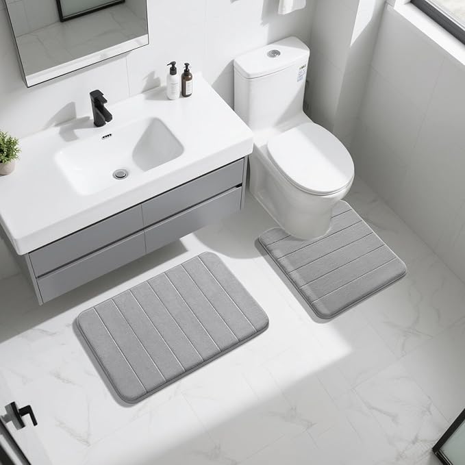 Yimobra Memory Foam Bath Mat Set 2 Piece - Super Soft Absorbent Quick Dry Bathroom Toilet Rugs, Machine Washable Non Slip Floor Carpet for Tub Shower & Single Sink (31.5x20 & 24x20, Gray)
