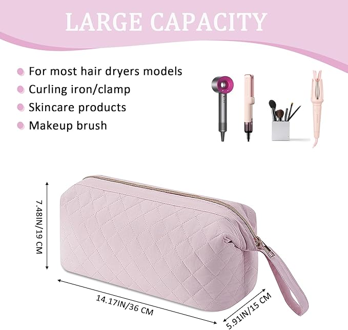 Quilted Hair Tools Travel Bag Organizer,Portable Large Hair Styling Accessories Storage Case for Flat Irons,Straightener,Curling Iron,Hair Dryer (Pink)