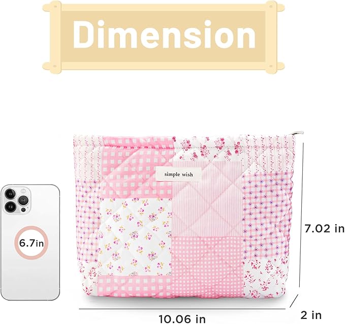 Sminra Quilted Floral Makeup Bag for Women, Cotton Cosmetic Pouch with Zipper, Slim Travel Toiletry Organizer for Makeup, Skincare and Daily Essentials Organizer (Pink Floral-L)