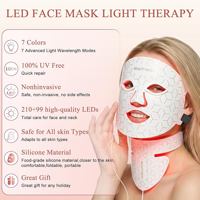 Red Light Therapy for Face & Neck,Red Light Mask with 850nm NIR, 7-1 Colors LED Light Therapy mask, Rechargeable LED Face & Neck Mask for Anti-Aging,Skin Firming & Radiant Glow at Home