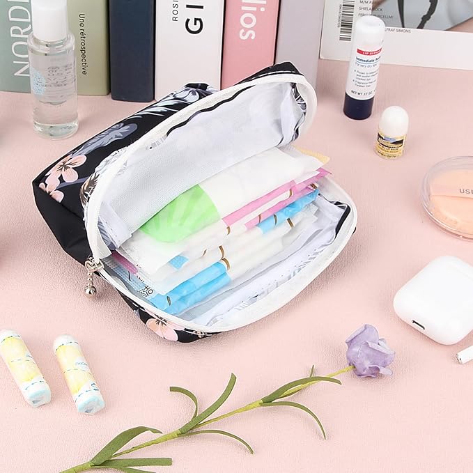 Desing Wish Sanitary Pad Storage Bag Portable Period Bag for Teen Pads/Sanitary Napkins/Small Tampons, Sanitary Napkin Storage Bag First Period Gifts for Teen Girls (Flower)