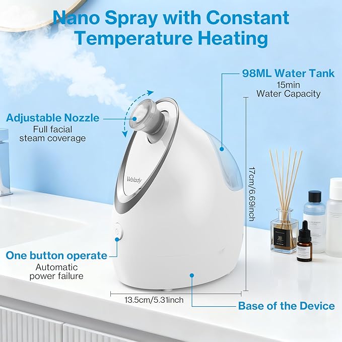 Wolady Facial Steamer, Nano-Ionic Face Steamer with Adjustable Nozzle & Aromatherapy Function, Warm Mist Humidifier Home Sauna Spa, Facial Moisturizing Deep Cleaning for Women, Birthday Gifts,White