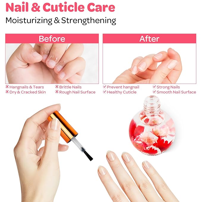 JIASHENG Cuticle Oil, Strawberry Nail Oil Infused with Real Flowers 15ml