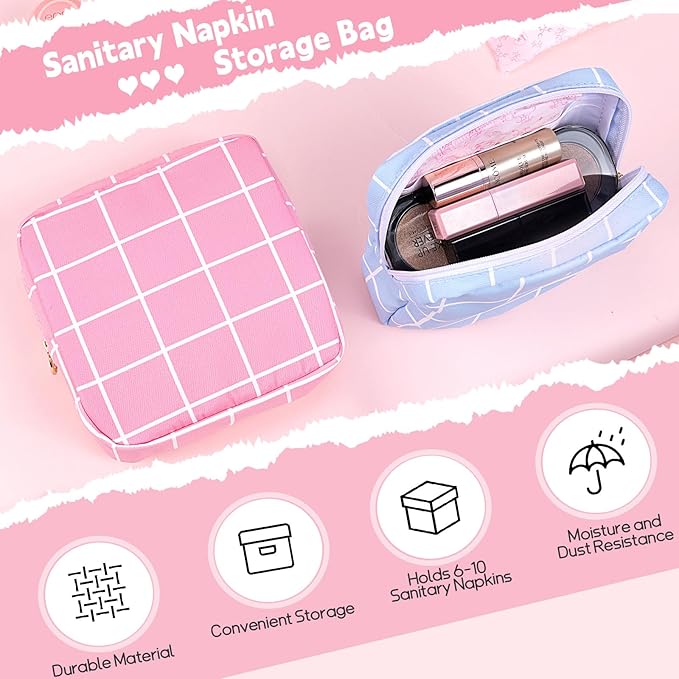 Desing Wish Period Bag Pouch Soft Cloth Sanitary Napkin Storage Bag Portable Menstrual Pad Pouches Tampon Holder for Purse First Period Kit for Girls 9-12 (Blue-White Check)