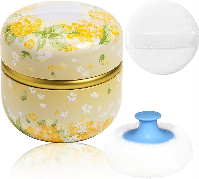 WEMEGA Body Powder Case with Powder Puff Powder Container Tea Box for Baby and Women Powder Puff and Powder Case for Travel (Yellow Flower1)