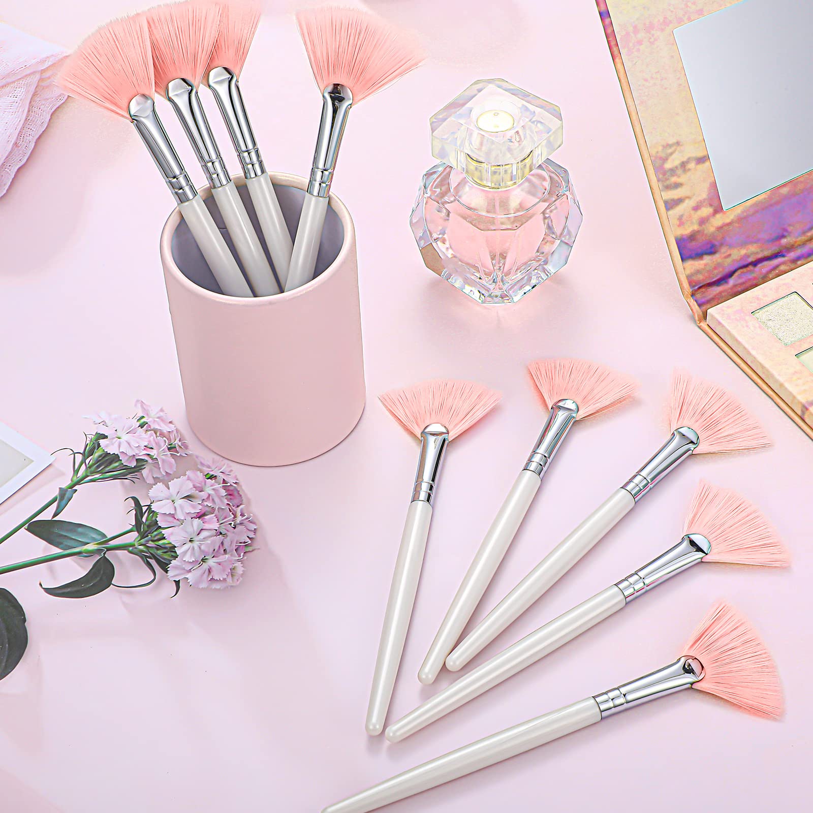 9 Pieces Facial Fan Mask Brushes, Soft Facial Applicator Brushes Tools for Peel Glycolic Makeup for Mud Cream(Pink, White)