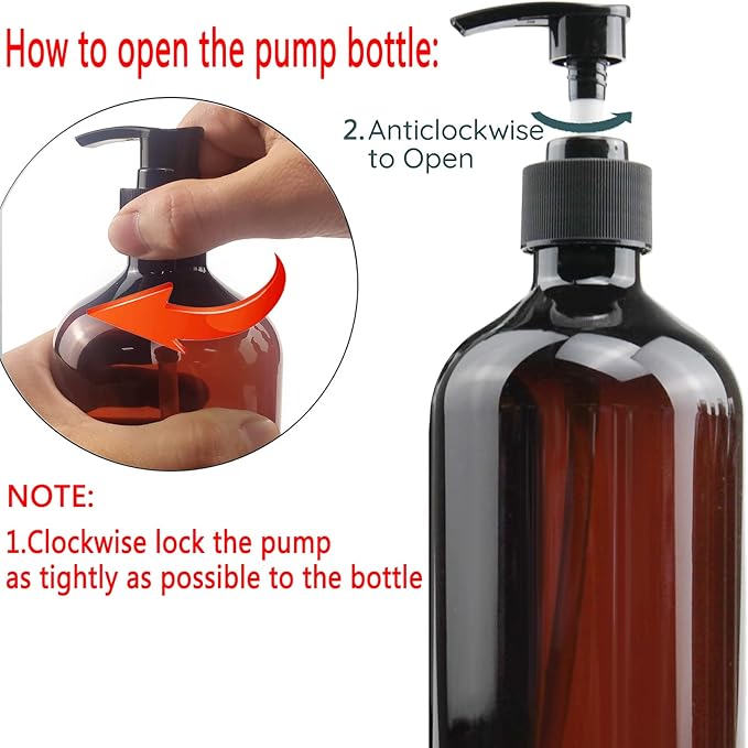 Empty Plastic Bottles with Pump Dispenser, 500ml/16.9oz (Amber, 3 Pack)