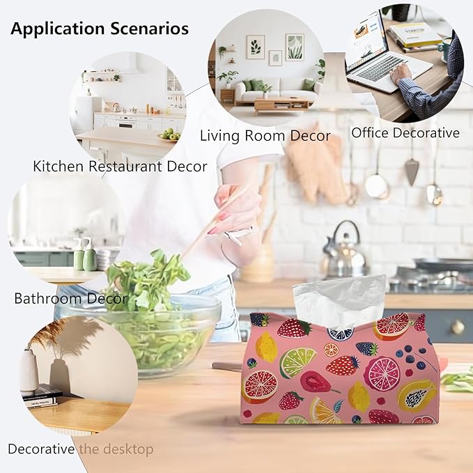 Pink Cute Fruit Tissue Box Cover Rectangle,Summer Cottagecore Strawberry Toilet Paper Box Holder,Leather Decorative Facial Paper Case for Living Room Bathroom Kitchen Office Desk,9.8x5.9x5.9In