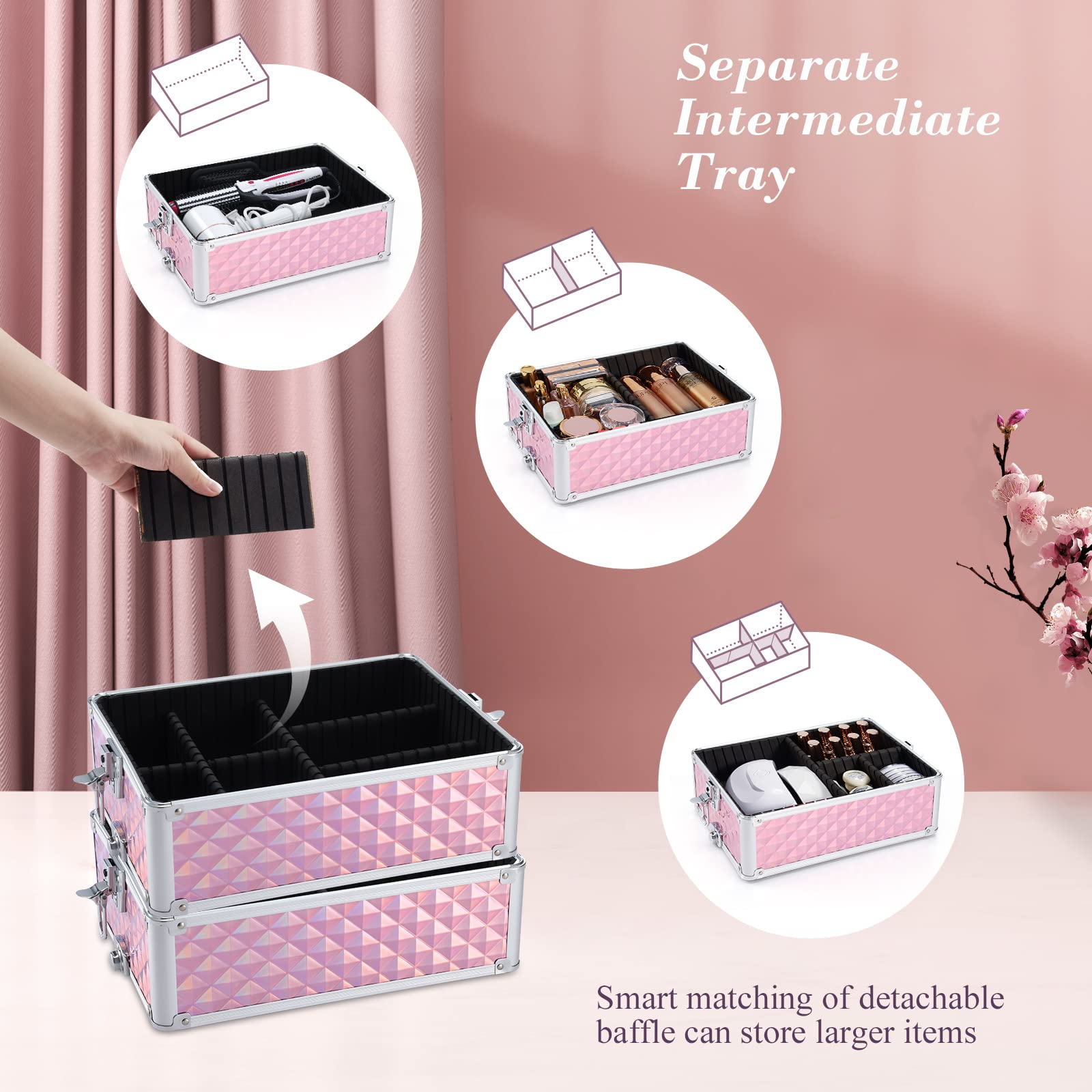 Adazzo 4 in 1 Rolling Makeup Trolley Train Case Cosmetic Suitcase, Box for Makeup Artist, Hairstylists, Nail Tech Students Barber Case with Keys Swivel Wheels - Shiny Pink