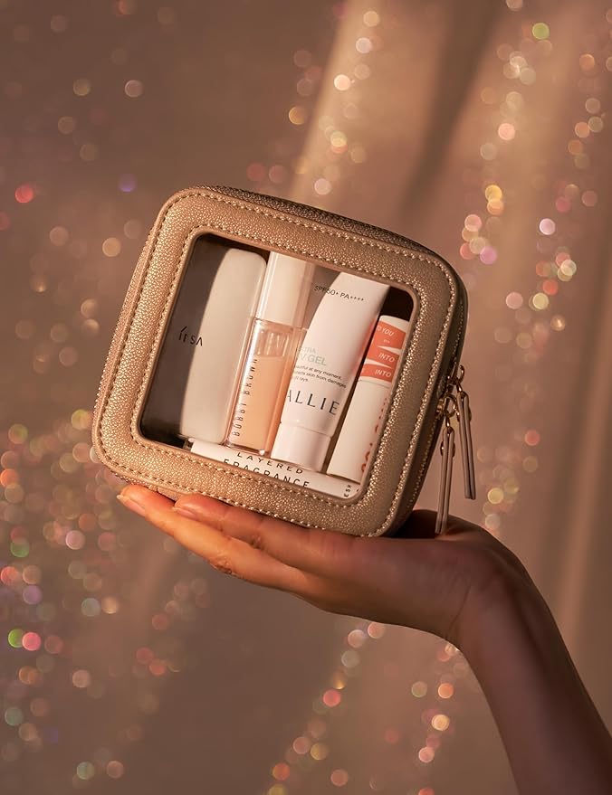 Popvibe Clear Makeup Case Toiletry Bag Travel Medium Clear Cosmetic Bag with Zipper, Make Up Bag Organizer Traveling TSA Approved Transparent Bag Car for Essentials, Mini & Medium, Gold