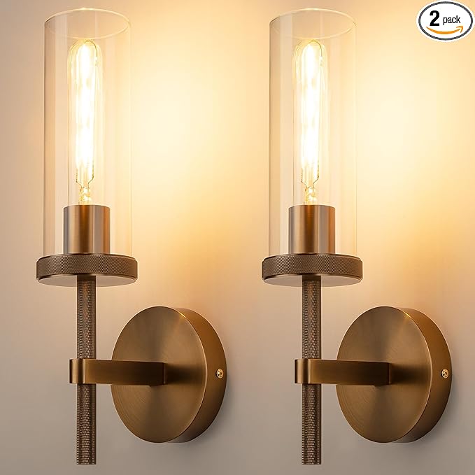 15" Knurled Bronze Hardwired Wall Sconces Set of 2, Bathroom Vanity Light Fixtures with Clear Glass Tube, Modern Lamp Lighting for Bedroom, Living Room, Hallway, Staircase, Mirror, Kitchen