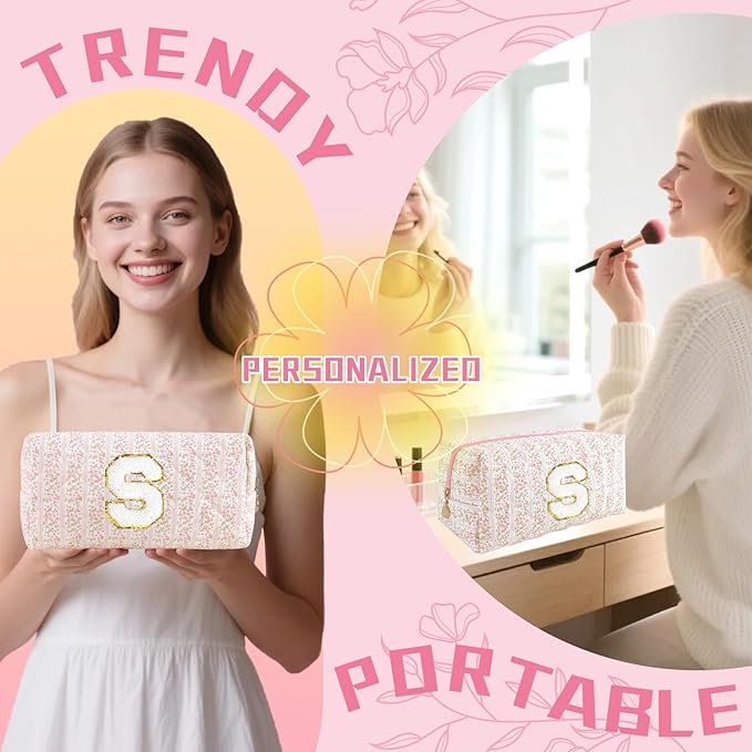 Personalized Quilted Cosmetic Bag, Puffy Monogrammed Christmas Birthday Gifts for Women & Girls, Cute initial Floral Makeup Bag Puffer Coquette Bag, Aesthetic Travel Toiletry Zipper Pouch(Pink,S)