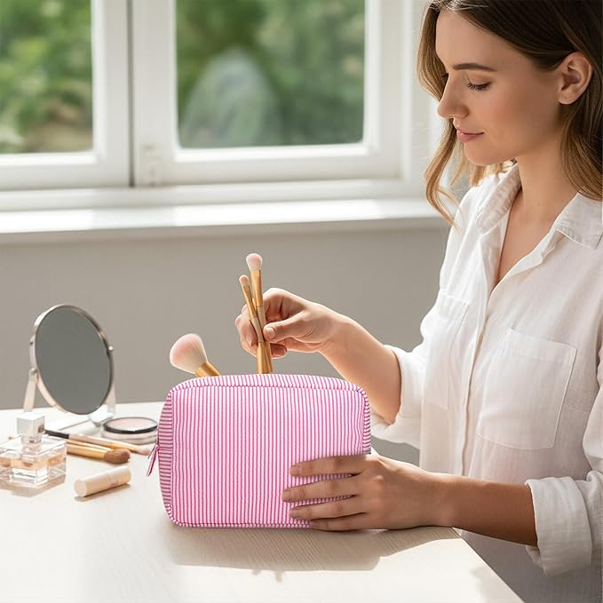 Sanwuta 9 Seersucker Cosmetic Bag Bulk Striped Makeup Bag for Women Aesthetic Cute Travel Toiletry Organizer Preppy Storage Pouch for Wedding Bridesmaid Mother's Day Teacher Gift (Large,Candy Color)