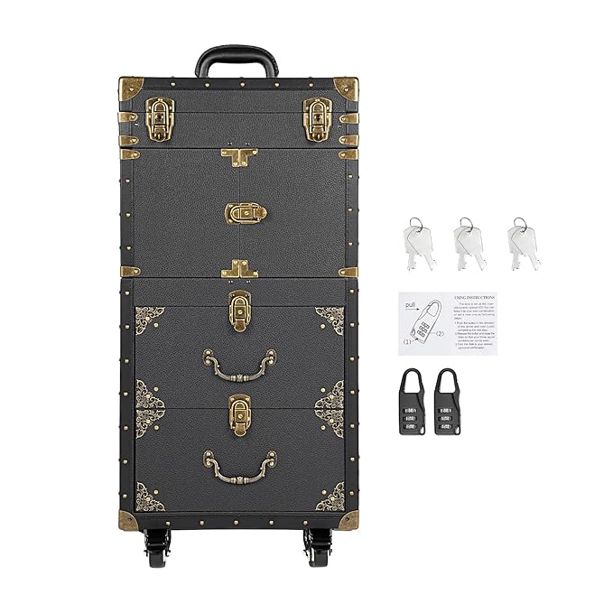 CNCEST Beauty Salon Luggage,Rolling Lockable Makeup Train Case Hairdressing Trolley Stylist Beauty Salon Cosmetic Luggage Travel Organizer Tool Box with Hair Dryer Holder Retro Black