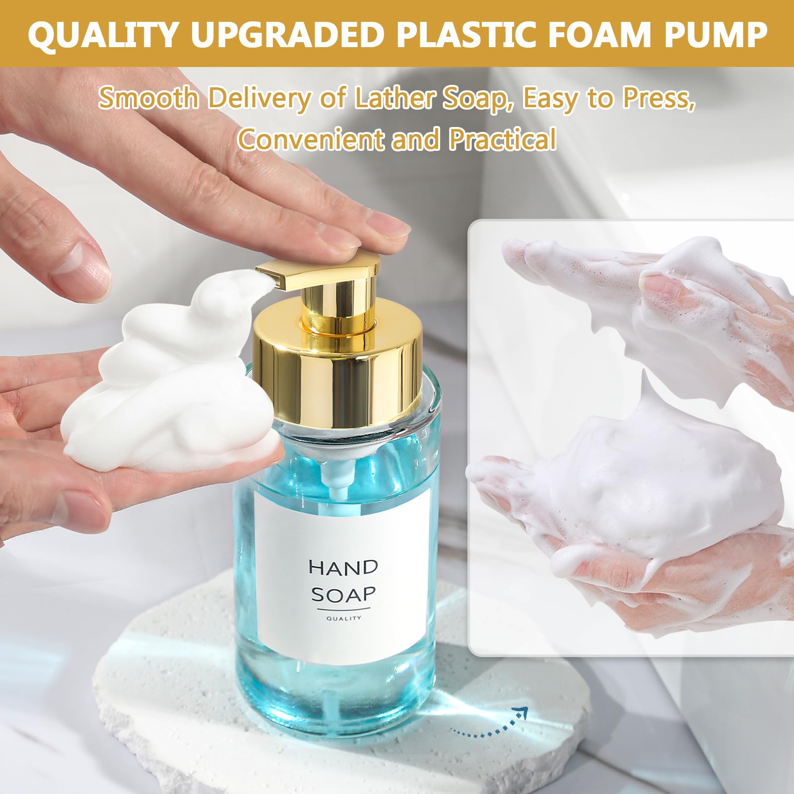 RYTOXILO Foaming Soap Dispenser, 10 oz/300ml Gold Soap Dispenser, 2 Pack Glass Foaming Hand Dispenser for Bathroom & Kitchen, Clear Refillable Foam Bottle with Waterproof Labels