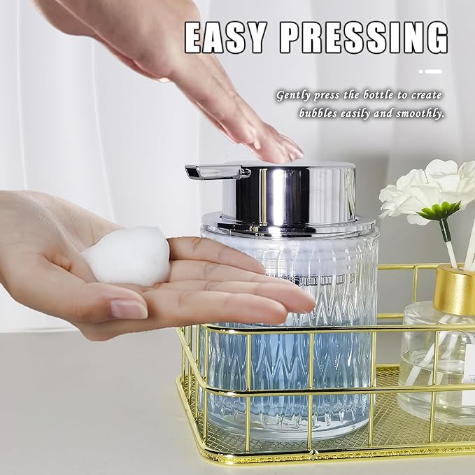 Glass Hand Foaming Soap Dispensers with Silver Pump Refillable Hand Soap Dispenser for Bathroom Kitchen (1Pack-D884)