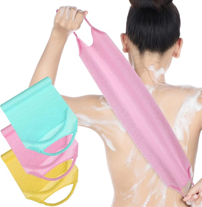 3 Pack Exfoliating Back Scrubber with Handles Exfoliating Washcloth Nylon Extended Length Body Exfoliator Brush Stretchable Pull Strap Back Washer for Shower Long Bath (Pink, Blue, Yellow)