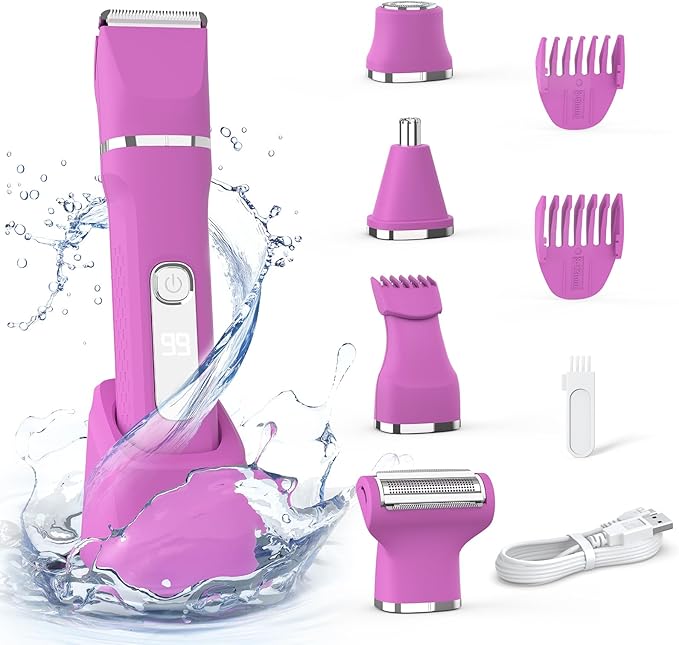 Bikini Trimmer for Women,5-in-1 Electric Razors for Women,Electric Shaver for Women's,IPX7 Waterproof Trimmer for Men Legs,with 5 Replaceable Blade Heads,USB Recharge Dock（Rose Pink）
