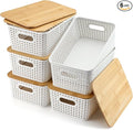 AREYZIN Storage Bins with Bamboo Lids Set of 6 Lidded Storage Container Plastic Baskets Organizer Bins for Organizing Kithen Room Bedroom Office Closet, Sturdy(White)