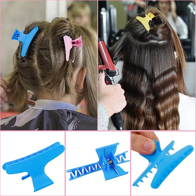 BAHABY Hair Clips for Styling Sectioning 12 Pack Pink Yellow Blue Butterfly Clamps Hair Claw Clips Pro Salon Hair Clips for Styling, Sectioning, Cutting and Coloring