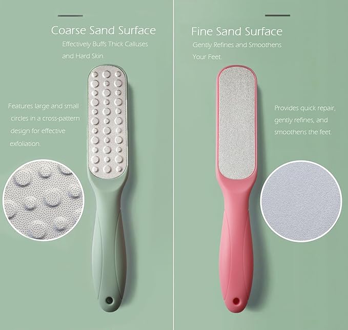 Dual-Sided Professional Pedicure Foot File - Stainless Steel Callus Remover for Hard Skin, Dry and Wet Use, Home or Salon Care, 2 Pack (Green & Pink)