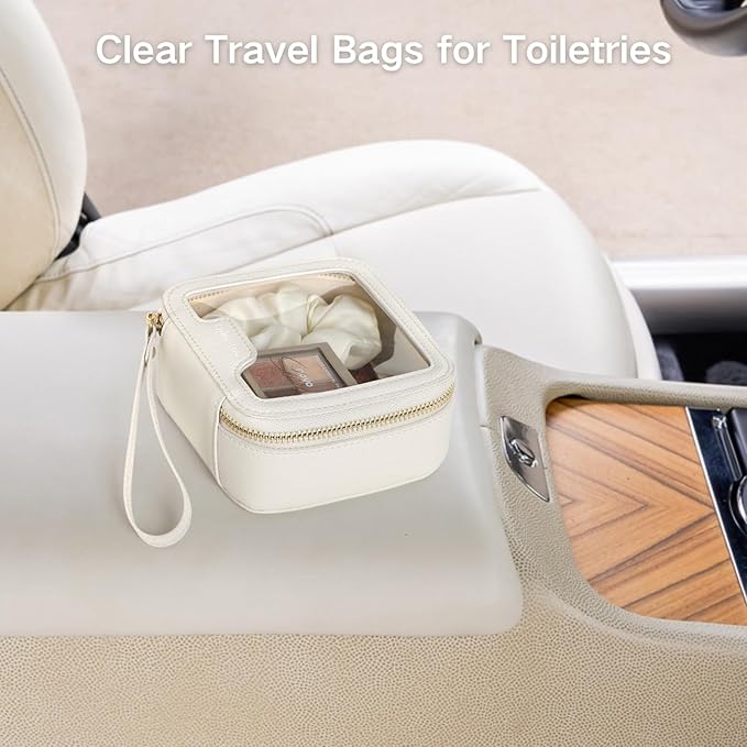 PACKISM Structured Clear Makeup Bag - Faux Leather Cosmetic Pouch with Reinforced Frame, Stand-Up Toiletry Organizer for Purse & Car Console, Mini White