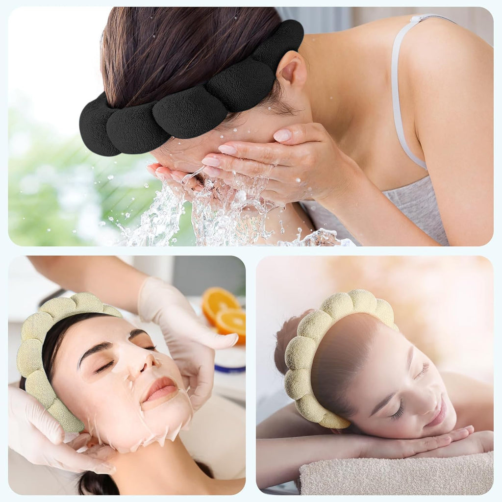 Ztomine Skincare Headband, Set of 2 - Terry Cloth Face Wash Headband Combo Pack - Puffy Makeup Headbands for Face Washing, Mask (beige + black)